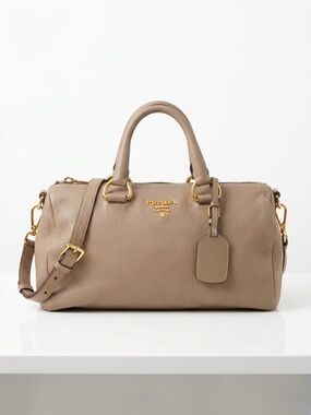 Prada Taupe Leather Satchel with Gold Accents